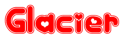 The image is a clipart featuring the word Glacier written in a stylized font with a heart shape replacing inserted into the center of each letter. The color scheme of the text and hearts is red with a light outline.