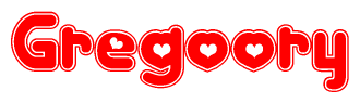 The image is a red and white graphic with the word Gregoory written in a decorative script. Each letter in  is contained within its own outlined bubble-like shape. Inside each letter, there is a white heart symbol.
