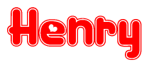 The image is a red and white graphic with the word Henry written in a decorative script. Each letter in  is contained within its own outlined bubble-like shape. Inside each letter, there is a white heart symbol.