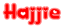 The image displays the word Hajjie written in a stylized red font with hearts inside the letters.