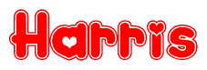 The image is a clipart featuring the word Harris written in a stylized font with a heart shape replacing inserted into the center of each letter. The color scheme of the text and hearts is red with a light outline.