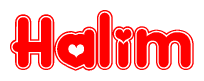 The image is a clipart featuring the word Halim written in a stylized font with a heart shape replacing inserted into the center of each letter. The color scheme of the text and hearts is red with a light outline.