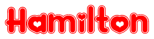 The image is a red and white graphic with the word Hamilton written in a decorative script. Each letter in  is contained within its own outlined bubble-like shape. Inside each letter, there is a white heart symbol.