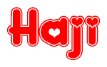 The image is a clipart featuring the word Haji written in a stylized font with a heart shape replacing inserted into the center of each letter. The color scheme of the text and hearts is red with a light outline.
