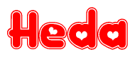 The image is a red and white graphic with the word Heda written in a decorative script. Each letter in  is contained within its own outlined bubble-like shape. Inside each letter, there is a white heart symbol.