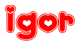 The image is a clipart featuring the word Igor written in a stylized font with a heart shape replacing inserted into the center of each letter. The color scheme of the text and hearts is red with a light outline.
