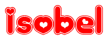 The image is a red and white graphic with the word Isobel written in a decorative script. Each letter in  is contained within its own outlined bubble-like shape. Inside each letter, there is a white heart symbol.