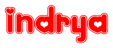 The image is a red and white graphic with the word Indrya written in a decorative script. Each letter in  is contained within its own outlined bubble-like shape. Inside each letter, there is a white heart symbol.