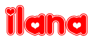 The image is a red and white graphic with the word Ilana written in a decorative script. Each letter in  is contained within its own outlined bubble-like shape. Inside each letter, there is a white heart symbol.