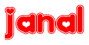 The image is a clipart featuring the word Janal written in a stylized font with a heart shape replacing inserted into the center of each letter. The color scheme of the text and hearts is red with a light outline.