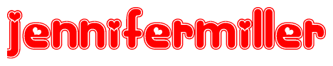 The image is a red and white graphic with the word Jennifermiller written in a decorative script. Each letter in  is contained within its own outlined bubble-like shape. Inside each letter, there is a white heart symbol.