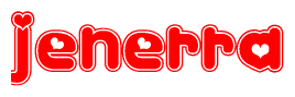 The image is a clipart featuring the word Jenerra written in a stylized font with a heart shape replacing inserted into the center of each letter. The color scheme of the text and hearts is red with a light outline.