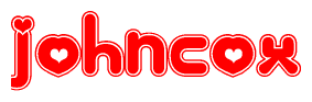 The image is a red and white graphic with the word Johncox written in a decorative script. Each letter in  is contained within its own outlined bubble-like shape. Inside each letter, there is a white heart symbol.