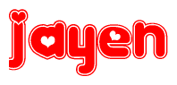 The image is a clipart featuring the word Jayen written in a stylized font with a heart shape replacing inserted into the center of each letter. The color scheme of the text and hearts is red with a light outline.