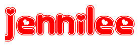 The image is a red and white graphic with the word Jennilee written in a decorative script. Each letter in  is contained within its own outlined bubble-like shape. Inside each letter, there is a white heart symbol.
