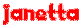 The image is a red and white graphic with the word Janetta written in a decorative script. Each letter in  is contained within its own outlined bubble-like shape. Inside each letter, there is a white heart symbol.