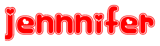 The image is a red and white graphic with the word Jennnifer written in a decorative script. Each letter in  is contained within its own outlined bubble-like shape. Inside each letter, there is a white heart symbol.