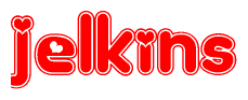 The image is a red and white graphic with the word Jelkins written in a decorative script. Each letter in  is contained within its own outlined bubble-like shape. Inside each letter, there is a white heart symbol.