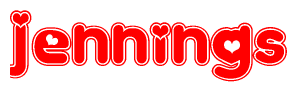 The image is a red and white graphic with the word Jennings written in a decorative script. Each letter in  is contained within its own outlined bubble-like shape. Inside each letter, there is a white heart symbol.