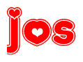 The image is a red and white graphic with the word Jos written in a decorative script. Each letter in  is contained within its own outlined bubble-like shape. Inside each letter, there is a white heart symbol.