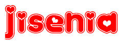 The image is a clipart featuring the word Jisenia written in a stylized font with a heart shape replacing inserted into the center of each letter. The color scheme of the text and hearts is red with a light outline.