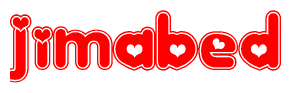 The image displays the word Jimabed written in a stylized red font with hearts inside the letters.
