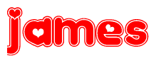 The image is a red and white graphic with the word James written in a decorative script. Each letter in  is contained within its own outlined bubble-like shape. Inside each letter, there is a white heart symbol.