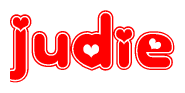 The image is a clipart featuring the word Judie written in a stylized font with a heart shape replacing inserted into the center of each letter. The color scheme of the text and hearts is red with a light outline.