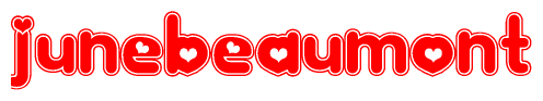 The image is a red and white graphic with the word Junebeaumont written in a decorative script. Each letter in  is contained within its own outlined bubble-like shape. Inside each letter, there is a white heart symbol.