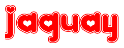 The image is a red and white graphic with the word Jaquay written in a decorative script. Each letter in  is contained within its own outlined bubble-like shape. Inside each letter, there is a white heart symbol.