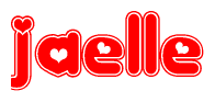 The image is a red and white graphic with the word Jaelle written in a decorative script. Each letter in  is contained within its own outlined bubble-like shape. Inside each letter, there is a white heart symbol.