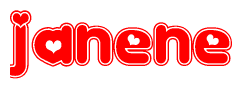 The image is a clipart featuring the word Janene written in a stylized font with a heart shape replacing inserted into the center of each letter. The color scheme of the text and hearts is red with a light outline.