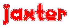 The image is a red and white graphic with the word Jaxter written in a decorative script. Each letter in  is contained within its own outlined bubble-like shape. Inside each letter, there is a white heart symbol.