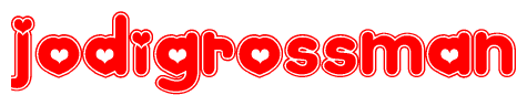 The image is a clipart featuring the word Jodigrossman written in a stylized font with a heart shape replacing inserted into the center of each letter. The color scheme of the text and hearts is red with a light outline.