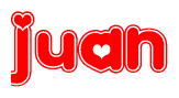 The image is a red and white graphic with the word Juan written in a decorative script. Each letter in  is contained within its own outlined bubble-like shape. Inside each letter, there is a white heart symbol.