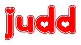 The image is a clipart featuring the word Judd written in a stylized font with a heart shape replacing inserted into the center of each letter. The color scheme of the text and hearts is red with a light outline.