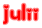 The image is a red and white graphic with the word Julii written in a decorative script. Each letter in  is contained within its own outlined bubble-like shape. Inside each letter, there is a white heart symbol.