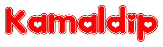 The image is a red and white graphic with the word Kamaldip written in a decorative script. Each letter in  is contained within its own outlined bubble-like shape. Inside each letter, there is a white heart symbol.