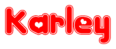 The image is a clipart featuring the word Karley written in a stylized font with a heart shape replacing inserted into the center of each letter. The color scheme of the text and hearts is red with a light outline.