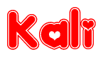 The image is a red and white graphic with the word Kali written in a decorative script. Each letter in  is contained within its own outlined bubble-like shape. Inside each letter, there is a white heart symbol.