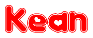 The image is a clipart featuring the word Kean written in a stylized font with a heart shape replacing inserted into the center of each letter. The color scheme of the text and hearts is red with a light outline.