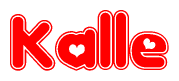 The image is a red and white graphic with the word Kalle written in a decorative script. Each letter in  is contained within its own outlined bubble-like shape. Inside each letter, there is a white heart symbol.