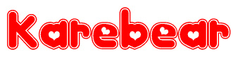 The image is a clipart featuring the word Karebear written in a stylized font with a heart shape replacing inserted into the center of each letter. The color scheme of the text and hearts is red with a light outline.