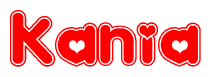 The image displays the word Kania written in a stylized red font with hearts inside the letters.