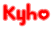 The image is a red and white graphic with the word Kyho written in a decorative script. Each letter in  is contained within its own outlined bubble-like shape. Inside each letter, there is a white heart symbol.