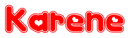 The image is a red and white graphic with the word Karene written in a decorative script. Each letter in  is contained within its own outlined bubble-like shape. Inside each letter, there is a white heart symbol.