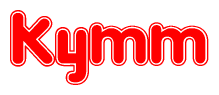 The image is a red and white graphic with the word Kymm written in a decorative script. Each letter in  is contained within its own outlined bubble-like shape. Inside each letter, there is a white heart symbol.