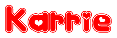 The image is a red and white graphic with the word Karrie written in a decorative script. Each letter in  is contained within its own outlined bubble-like shape. Inside each letter, there is a white heart symbol.