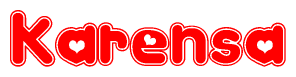 The image is a red and white graphic with the word Karensa written in a decorative script. Each letter in  is contained within its own outlined bubble-like shape. Inside each letter, there is a white heart symbol.