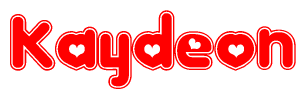 The image is a red and white graphic with the word Kaydeon written in a decorative script. Each letter in  is contained within its own outlined bubble-like shape. Inside each letter, there is a white heart symbol.